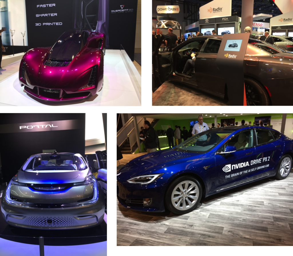 Clockwise from upper left: Divergent vehicle made with 3D printers, DTS' HD Radio Charger, Chrysler Portal concept, NVDIA Tesla