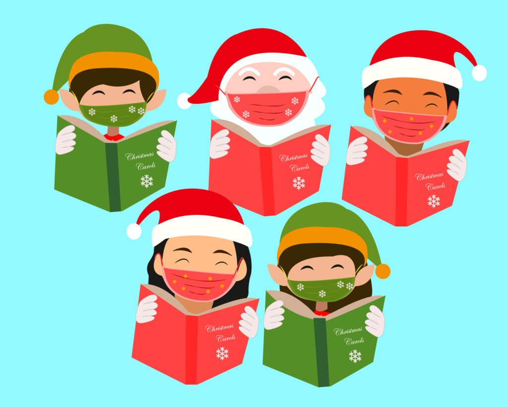 christmas carolers wearing masks shutterstock