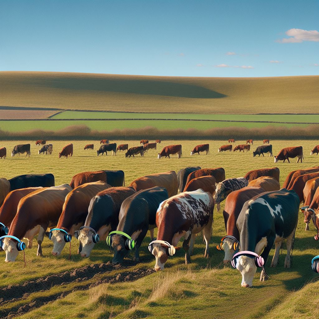 cattle wearing headphones